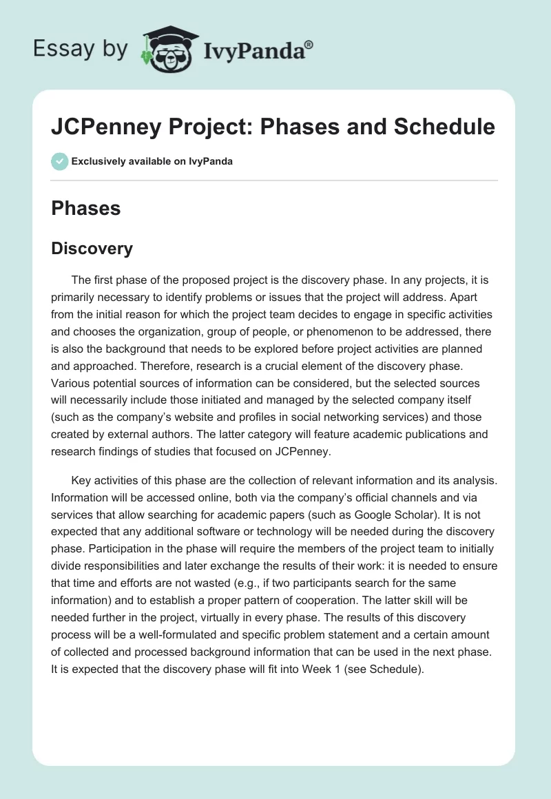 JCPenney Project: Phases and Schedule. Page 1