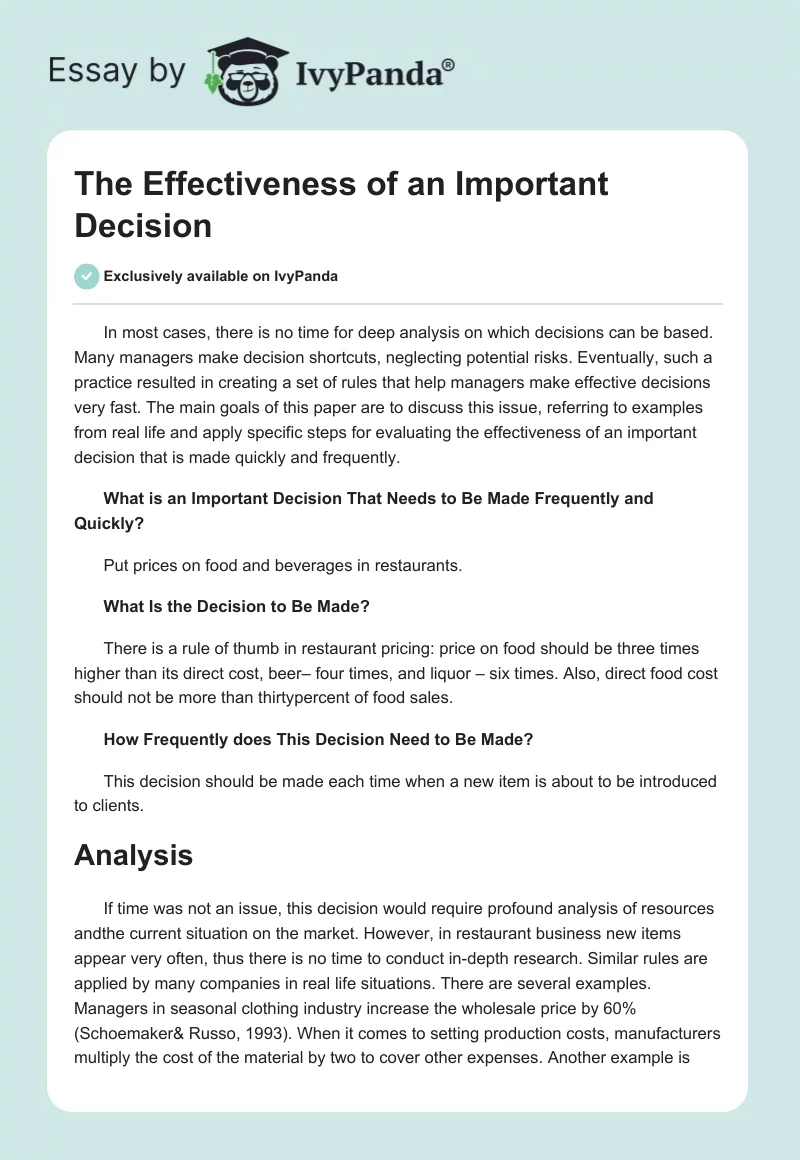 The Effectiveness of an Important Decision. Page 1