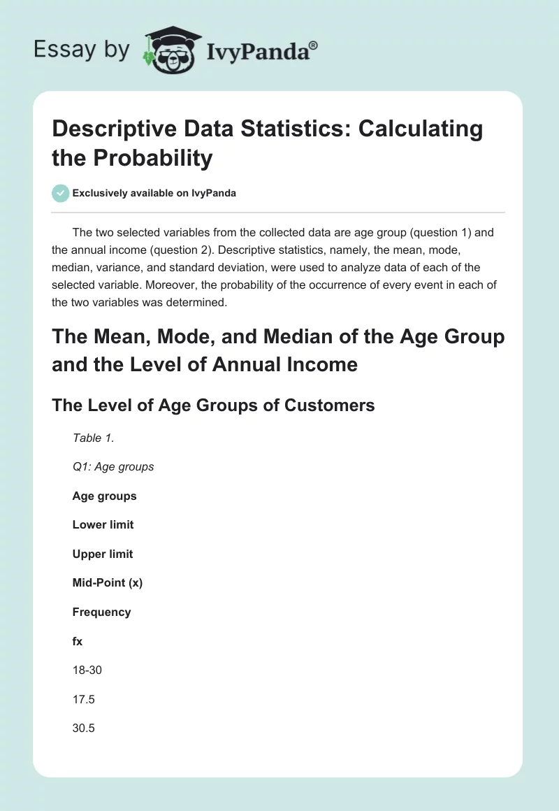 Descriptive Data Statistics: Calculating the Probability. Page 1