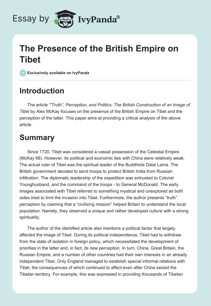 The Presence of the British Empire on Tibet. Page 1