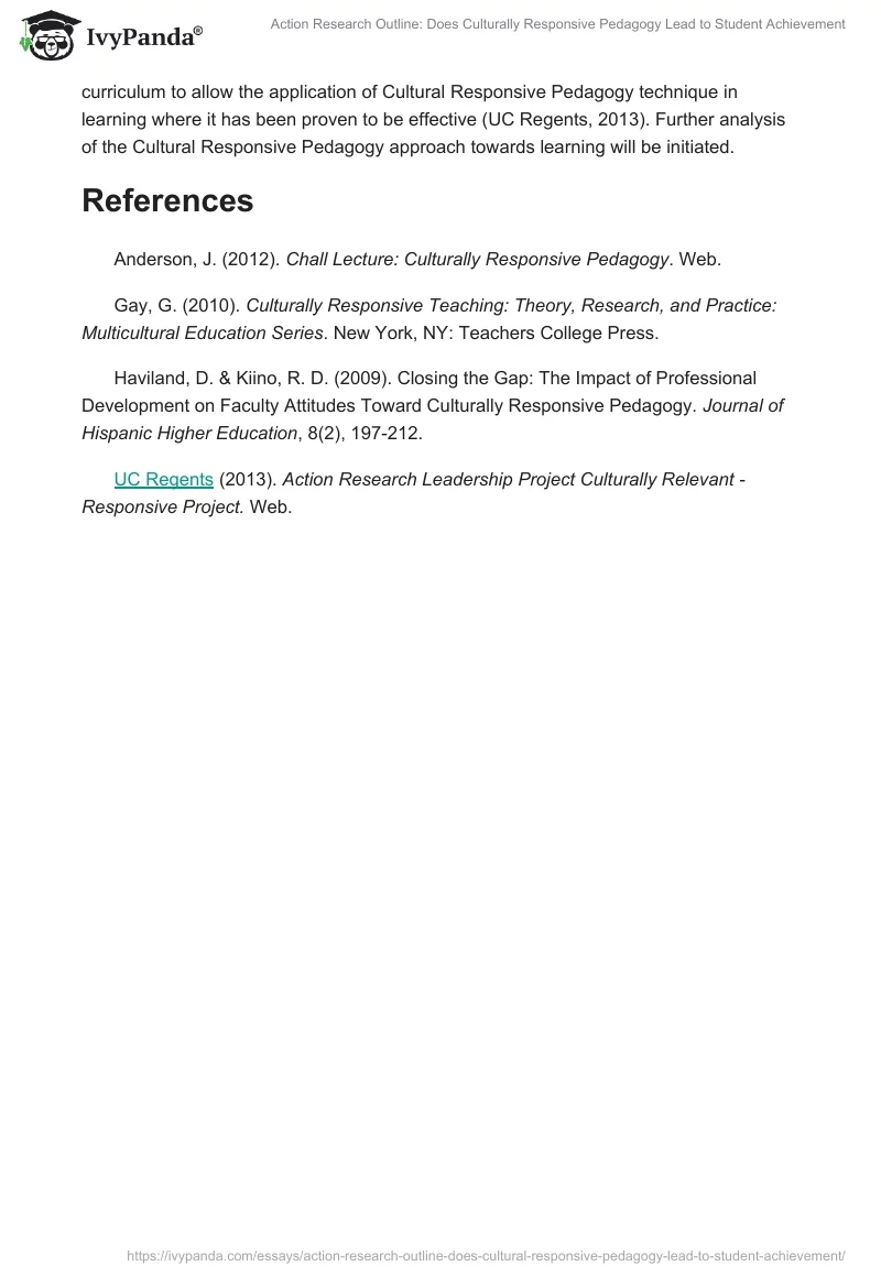 Action Research Outline: Does Culturally Responsive Pedagogy Lead to Student Achievement. Page 3
