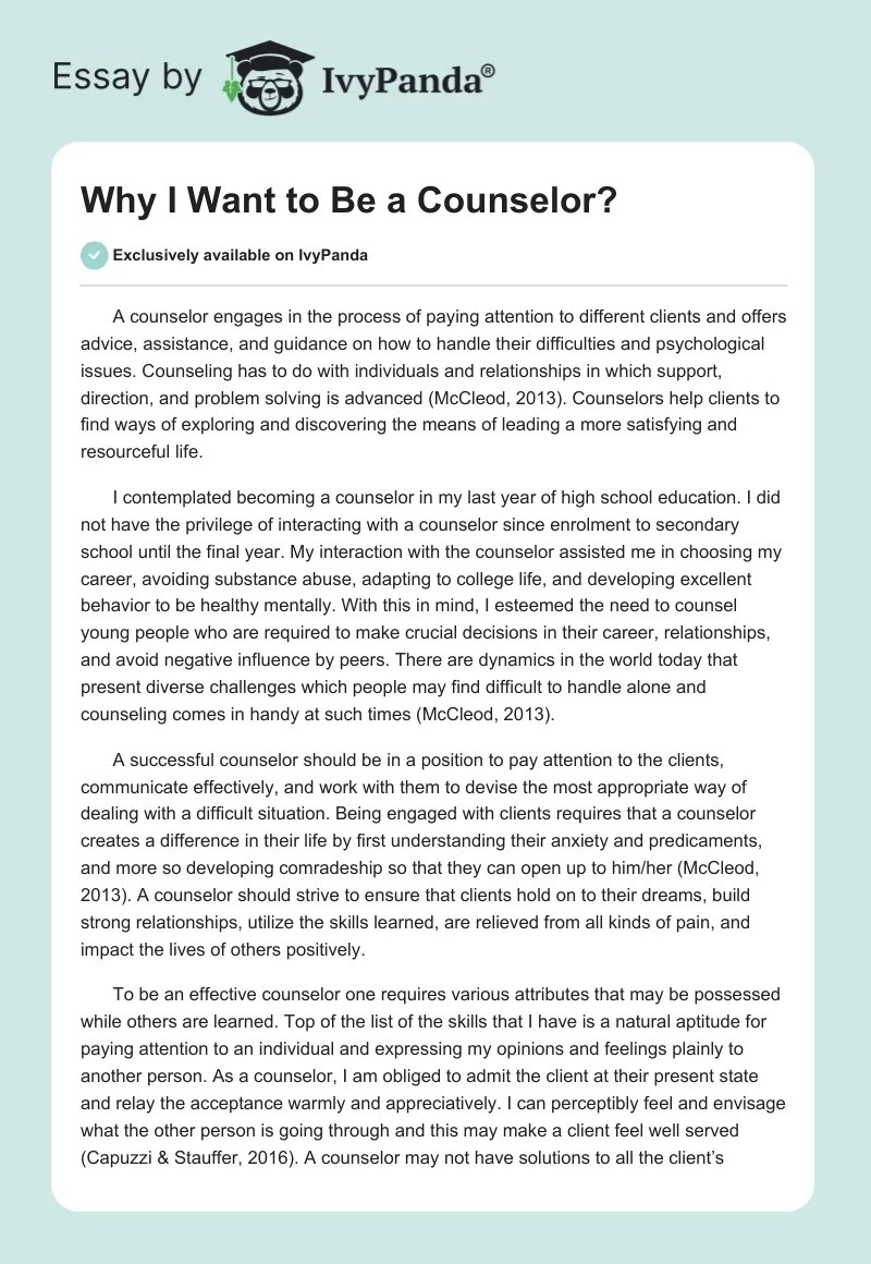 Why I Want to Be a Counselor: Essay. Page 1