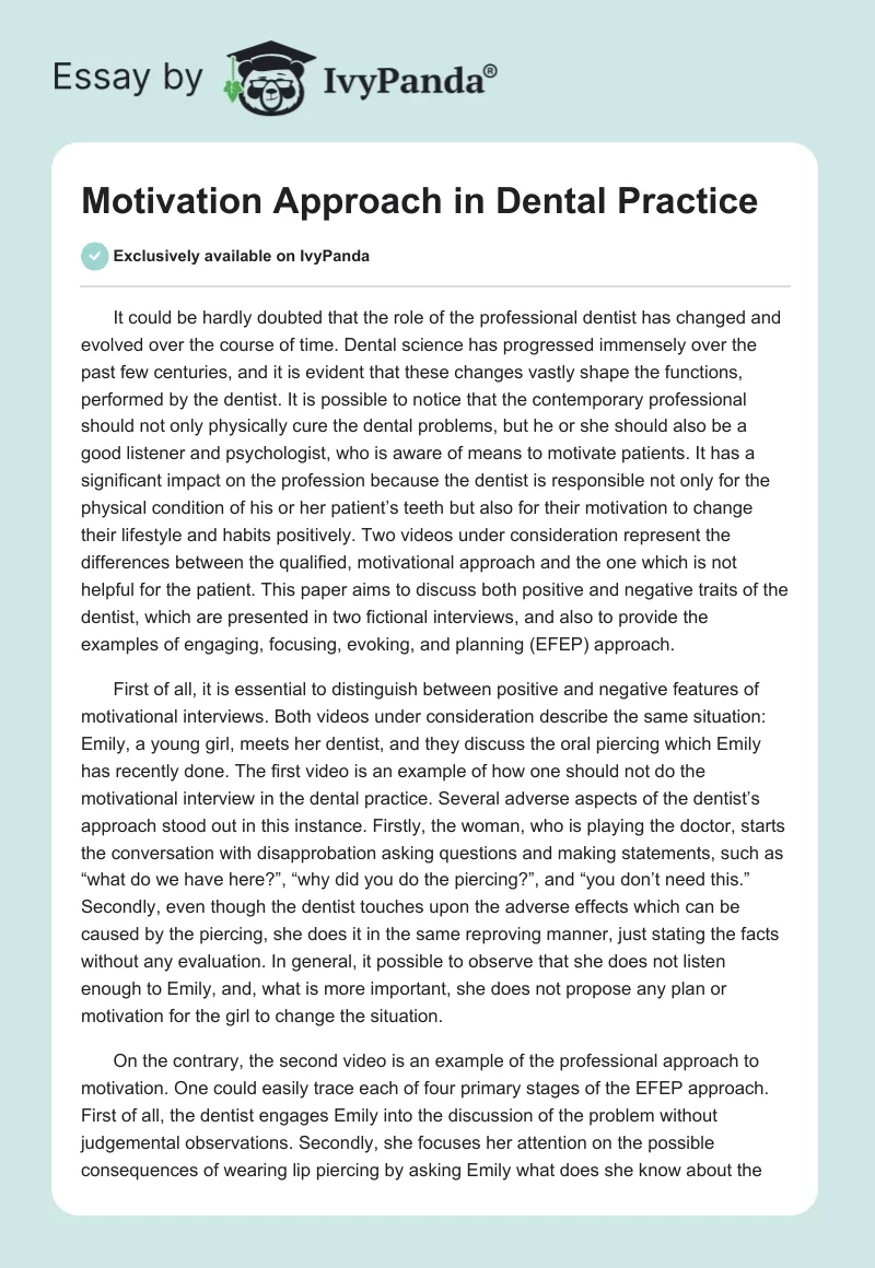 Motivation Approach in Dental Practice. Page 1