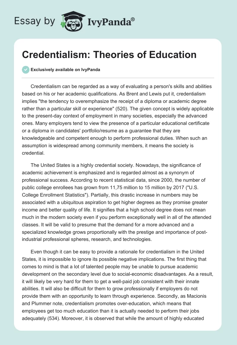 Credentialism: Theories of Education. Page 1