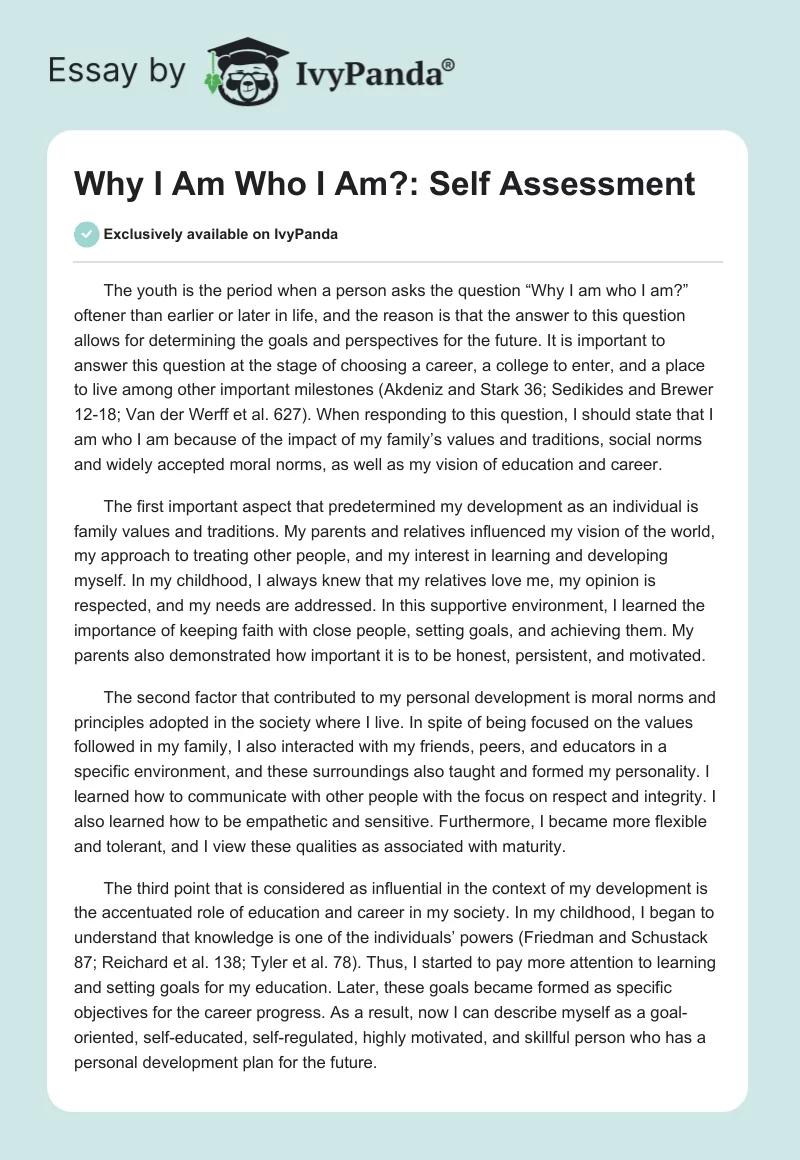 Why I Am Who I Am?: Self Assessment. Page 1