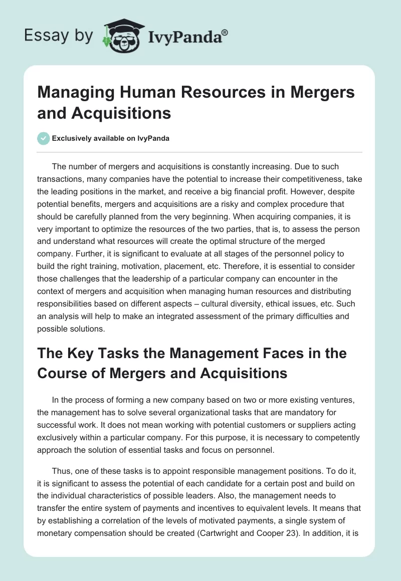 Managing Human Resources in Mergers and Acquisitions. Page 1