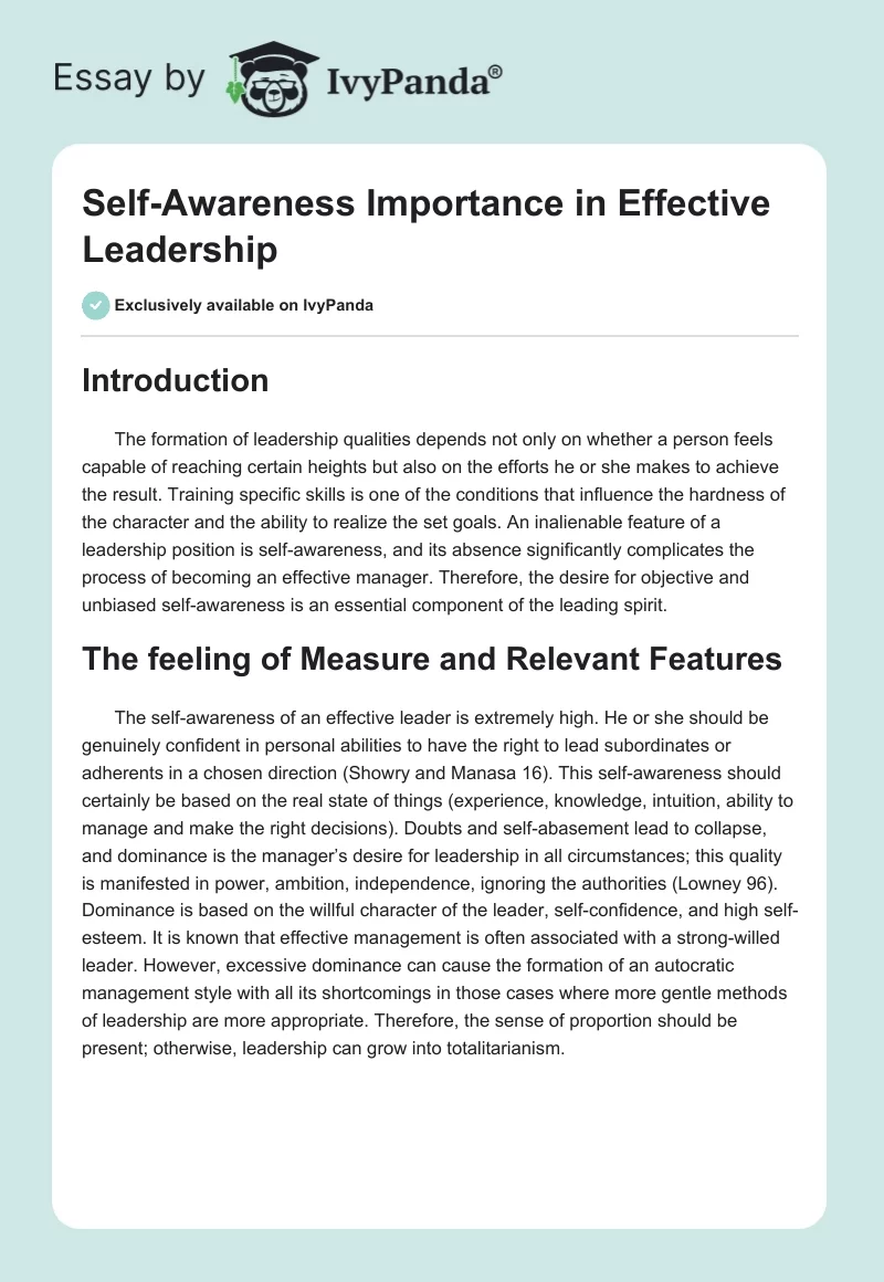 Self-Awareness Importance in Effective Leadership. Page 1