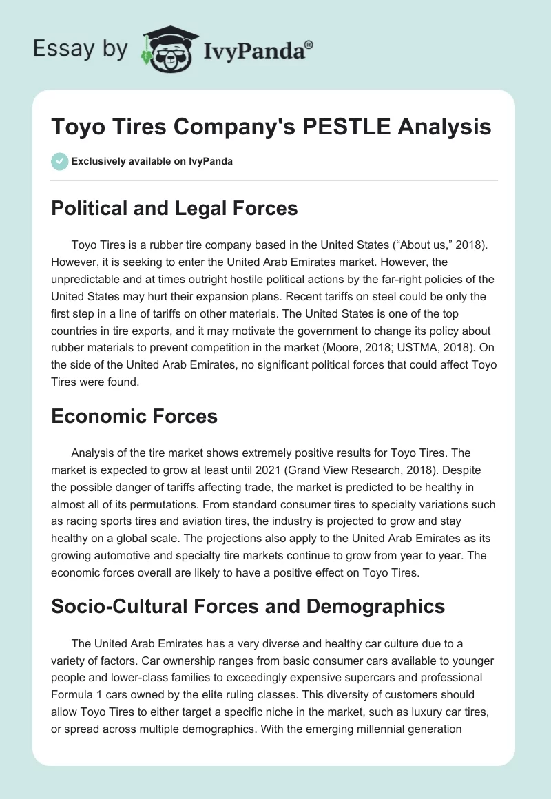 Toyo Tires Company's PESTLE Analysis. Page 1