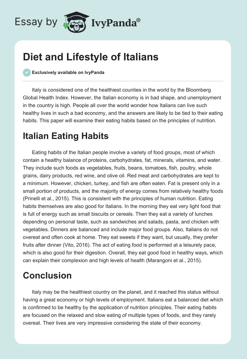 Diet and Lifestyle of Italians. Page 1