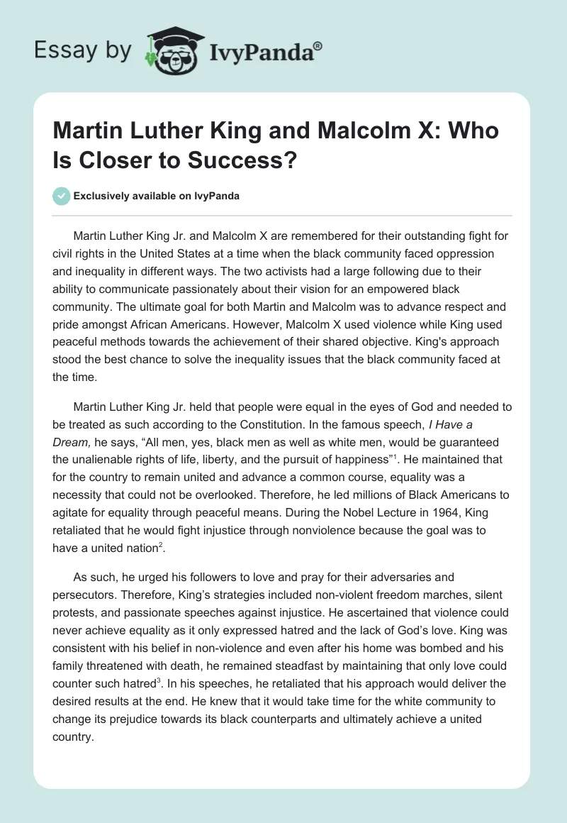Martin Luther King and Malcolm X: Who Is Closer to Success?. Page 1