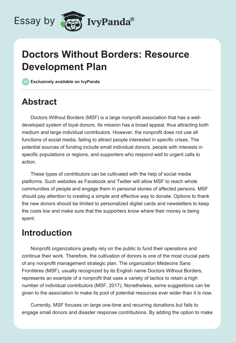 Doctors Without Borders: Resource Development Plan. Page 1