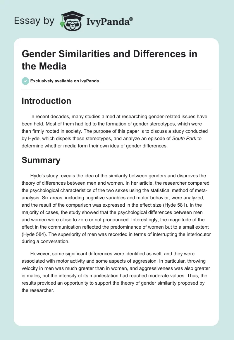 Gender Similarities and Differences in the Media. Page 1