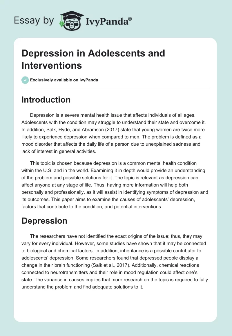 Depression in Adolescents and Interventions. Page 1