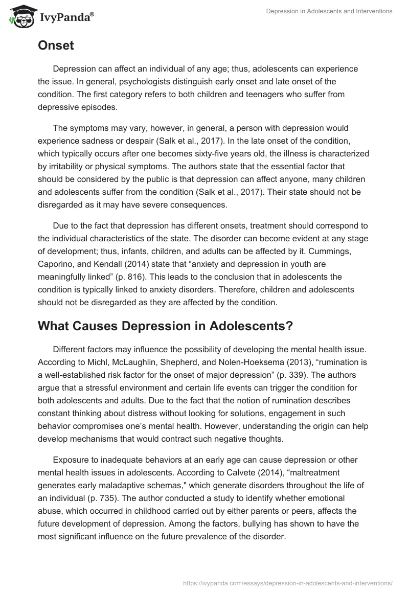 Depression in Adolescents and Interventions. Page 2