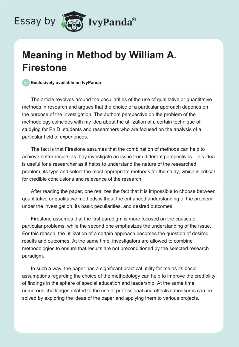 "Meaning in Method" by William A. Firestone. Page 1