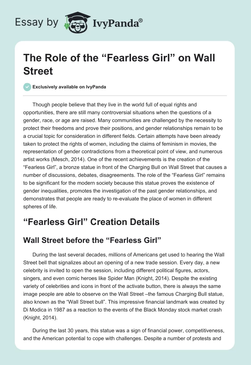 The Role of the “Fearless Girl” on Wall Street. Page 1