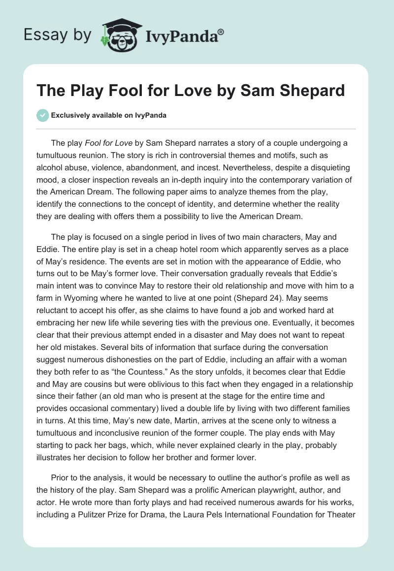The Play "Fool for Love" by Sam Shepard. Page 1