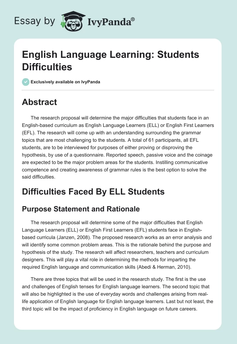English Language Learning: Students Difficulties. Page 1