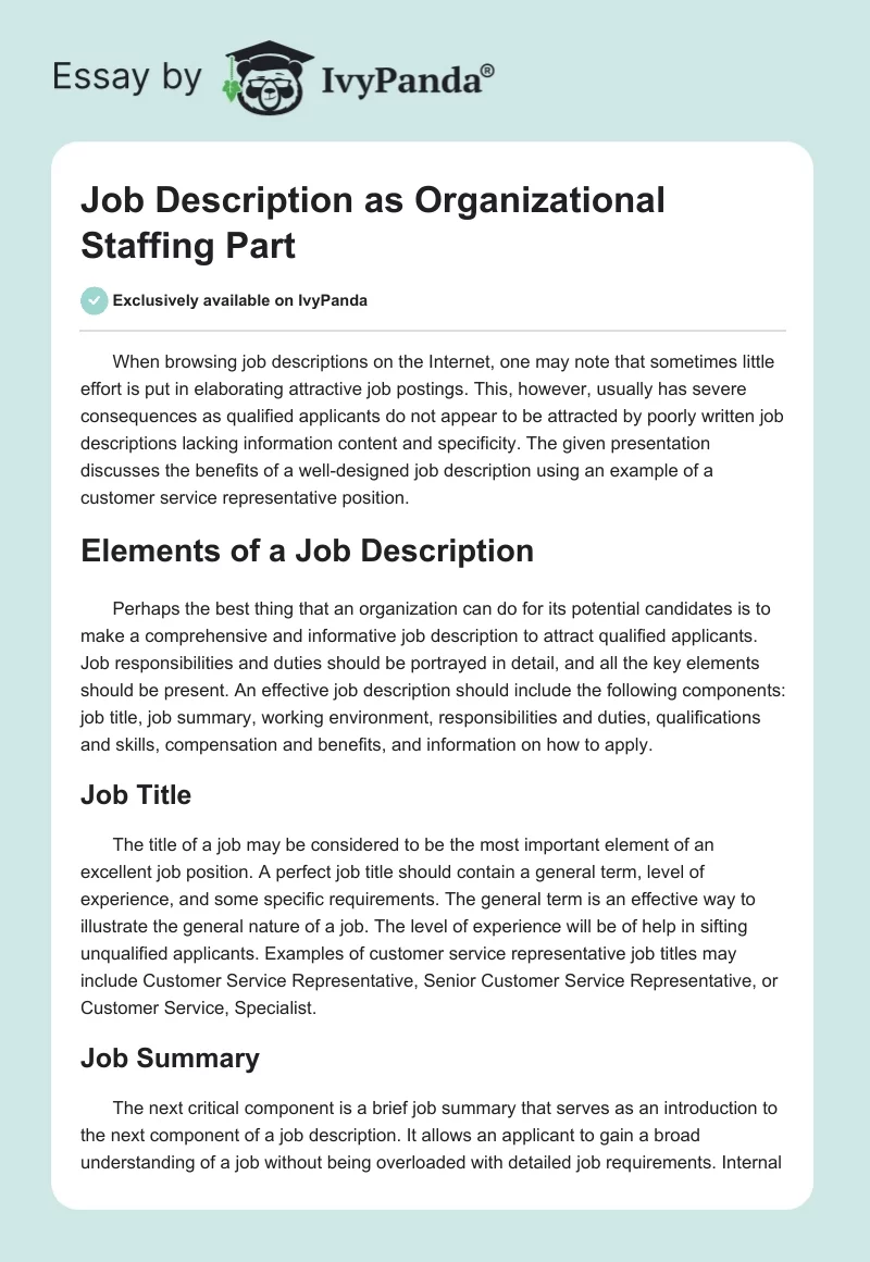 Job Description as Organizational Staffing Part. Page 1