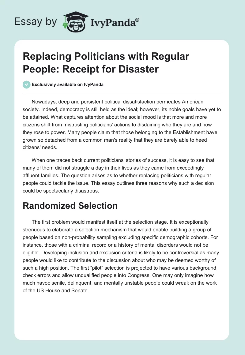 Replacing Politicians with Regular People: Receipt for Disaster. Page 1
