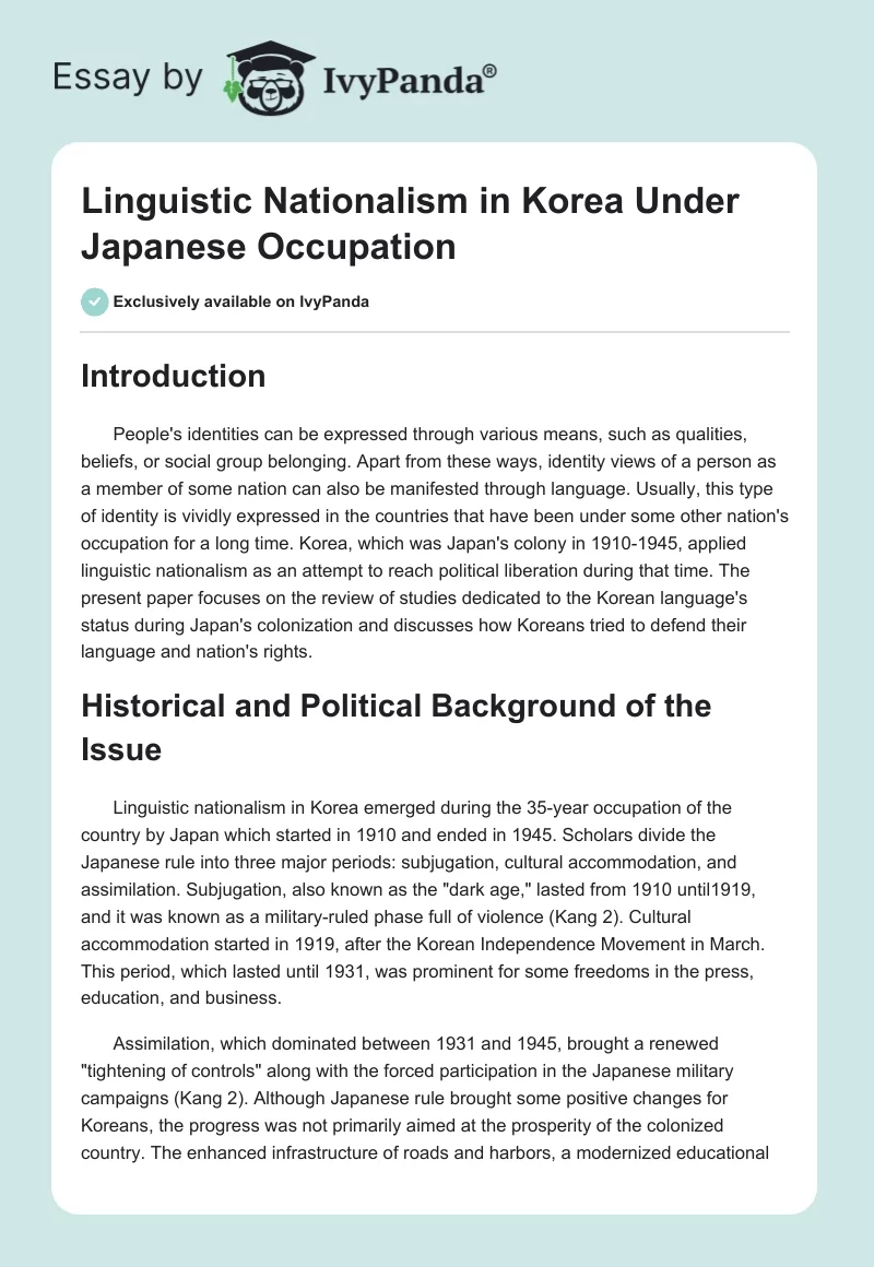 Linguistic Nationalism in Korea Under Japanese Occupation. Page 1