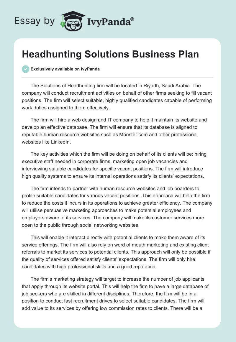 Headhunting Solutions Business Plan. Page 1