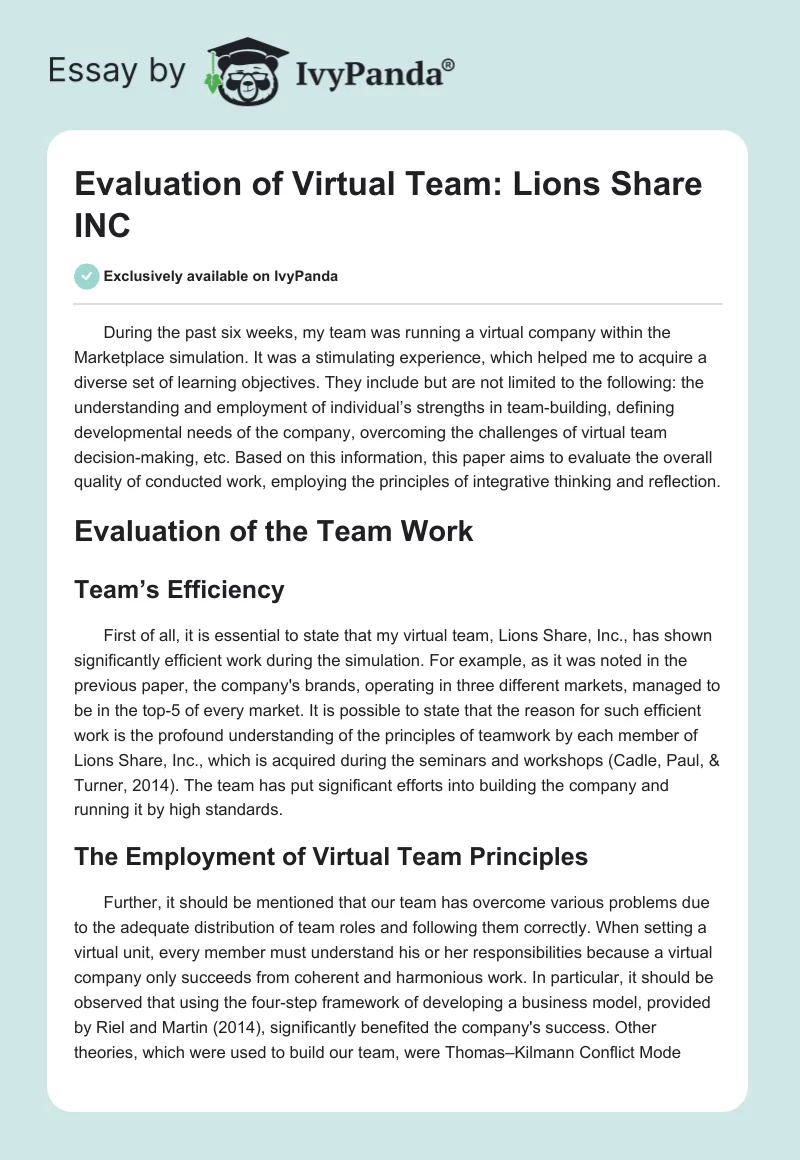 Evaluation of Virtual Team: Lions Share INC. Page 1