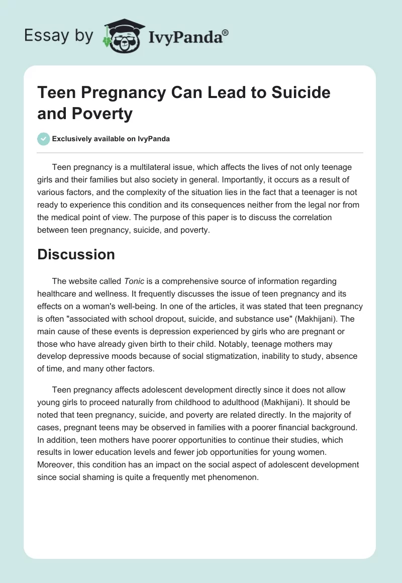 Teen Pregnancy Can Lead to Suicide and Poverty. Page 1