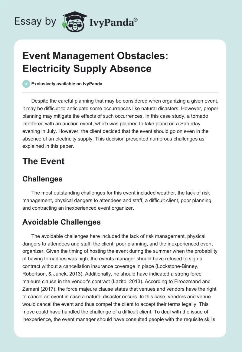 Event Management Obstacles: Electricity Supply Absence. Page 1