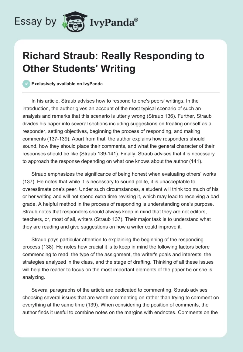 Richard Straub: Really Responding to Other Students' Writing. Page 1