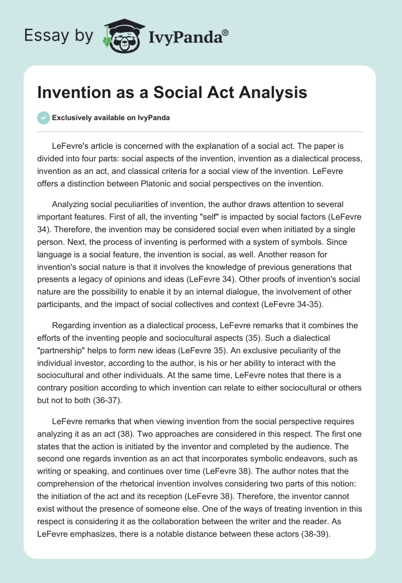 "Invention as a Social Act" Analysis. Page 1