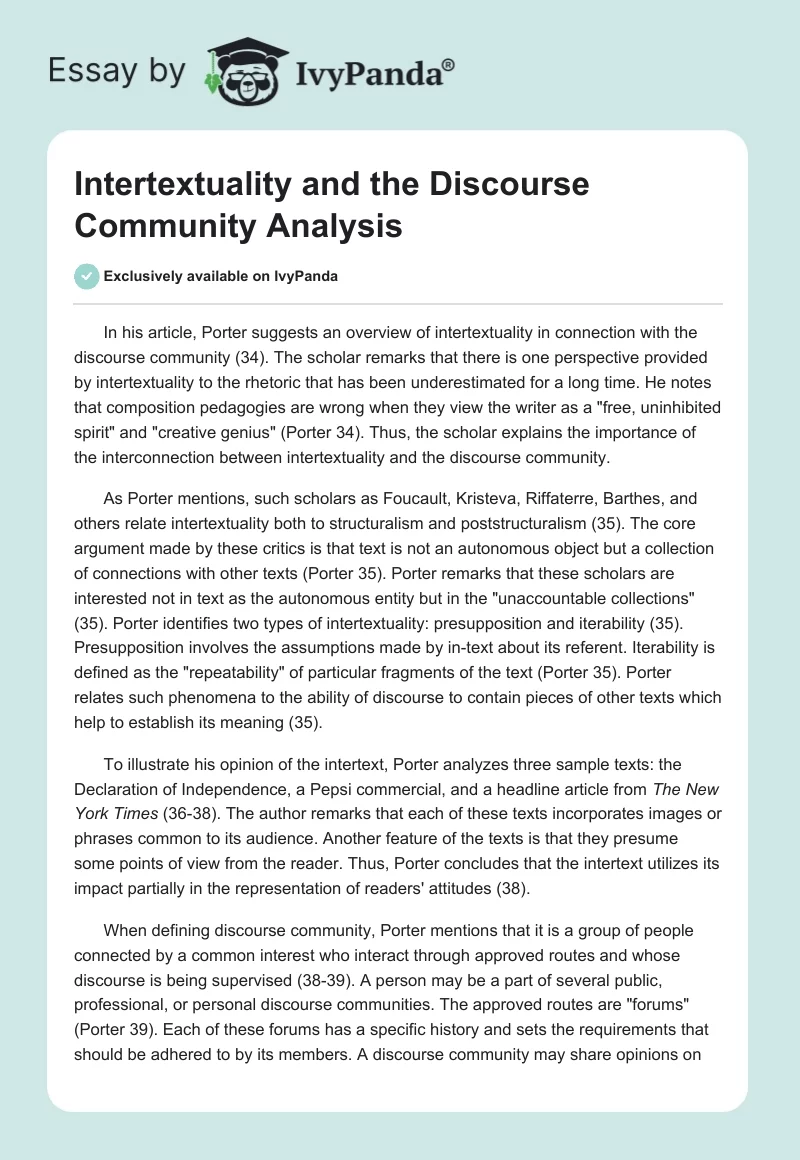 "Intertextuality and the Discourse Community" Analysis. Page 1