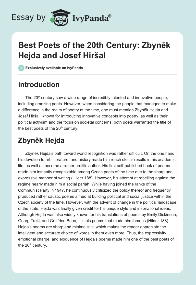 Best Poets of the 20th Century: Zbyněk Hejda and Josef Hiršal. Page 1