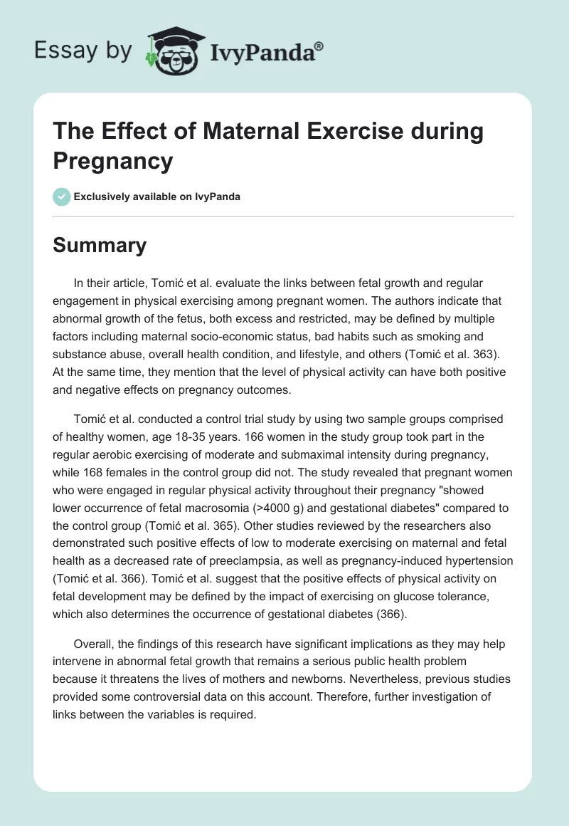 The Effect of Maternal Exercise during Pregnancy. Page 1
