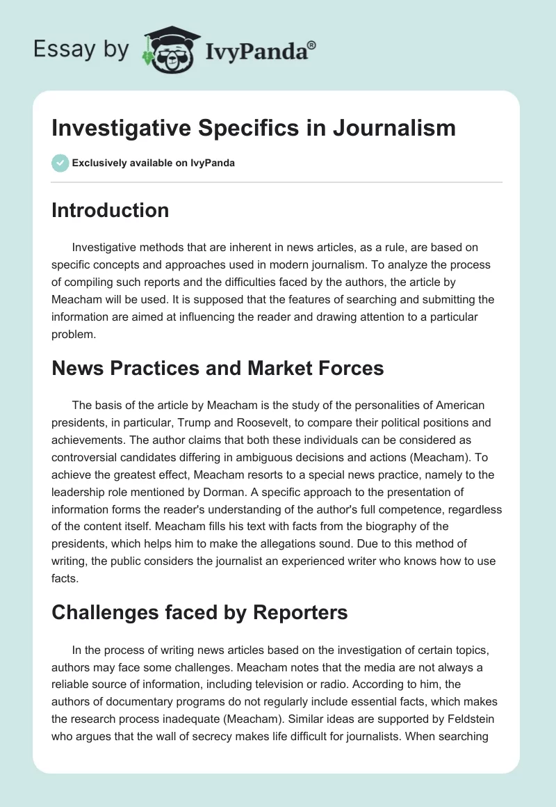 Investigative Specifics in Journalism. Page 1