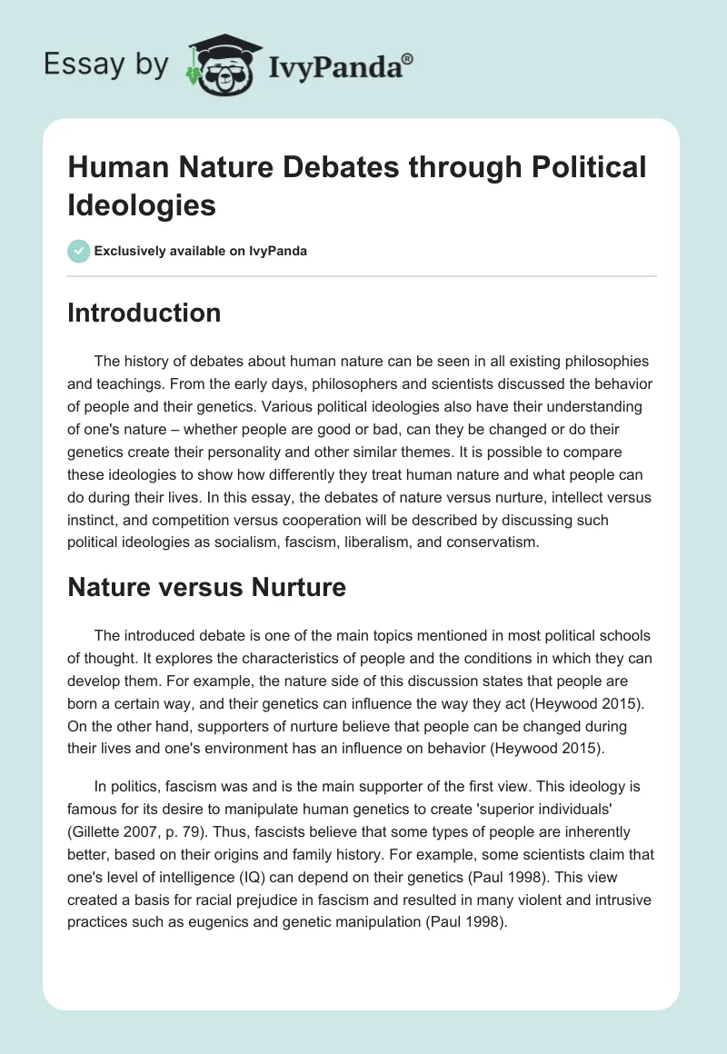 Human Nature Debates through Political Ideologies. Page 1
