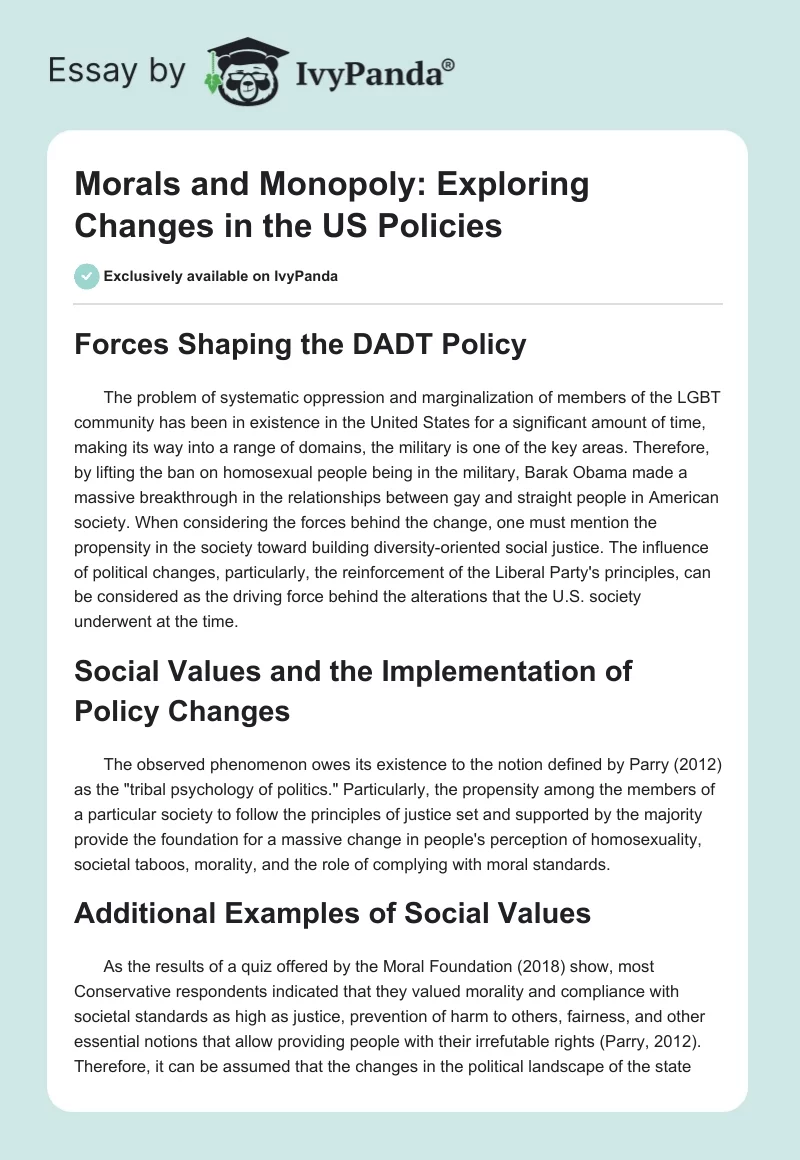 Morals and Monopoly: Exploring Changes in the US Policies. Page 1