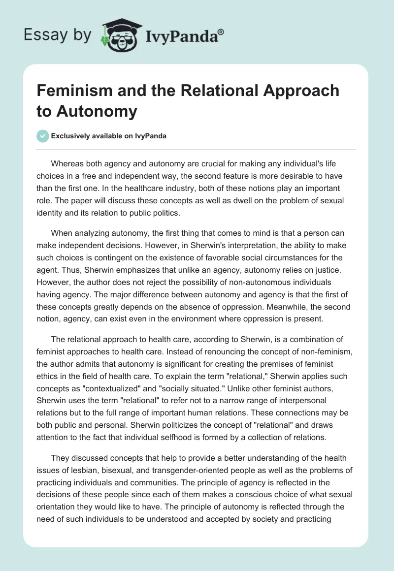 Feminism and the Relational Approach to Autonomy. Page 1