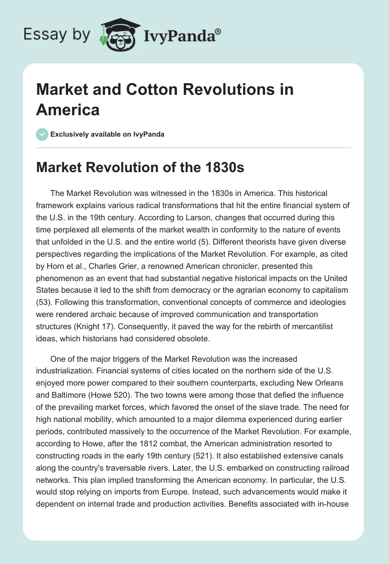 Market and Cotton Revolutions in America. Page 1