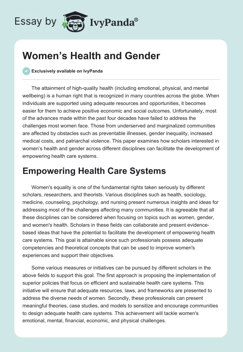 Women’s Health and Gender. Page 1