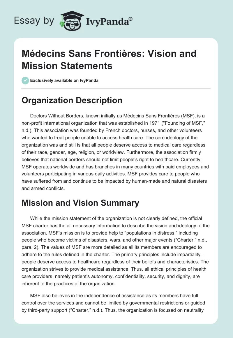 Médecins Sans Frontières: Vision and Mission Statements. Page 1