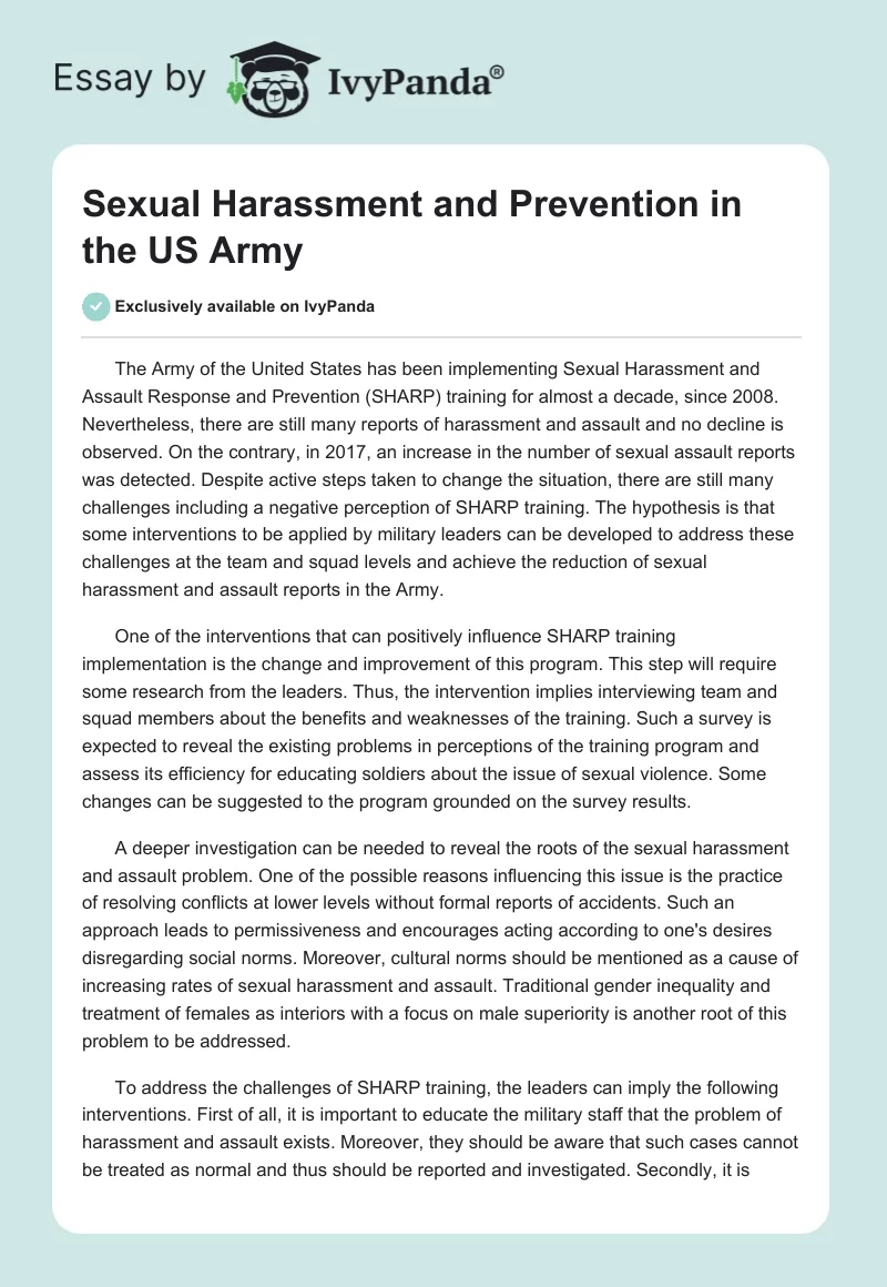 Sexual Harassment and Prevention in the US Army. Page 1
