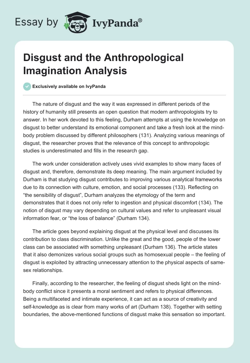 "Disgust and the Anthropological Imagination" Analysis. Page 1