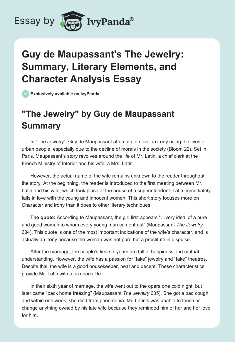 Guy de Maupassant's "The Jewelry": Summary, Literary Elements, and Character Analysis Essay. Page 1