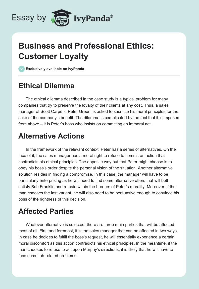 Business and Professional Ethics: Customer Loyalty. Page 1
