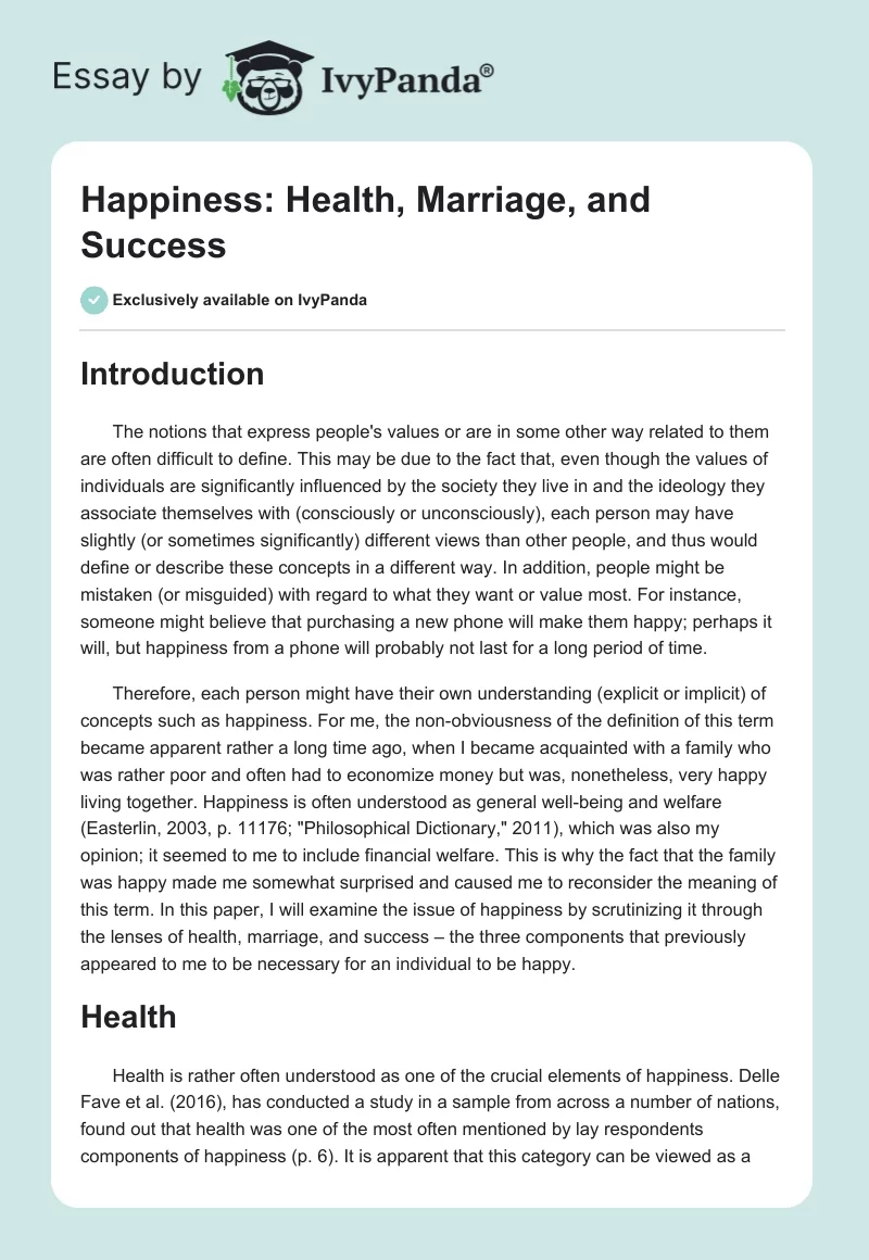 Happiness: Health, Marriage, and Success. Page 1