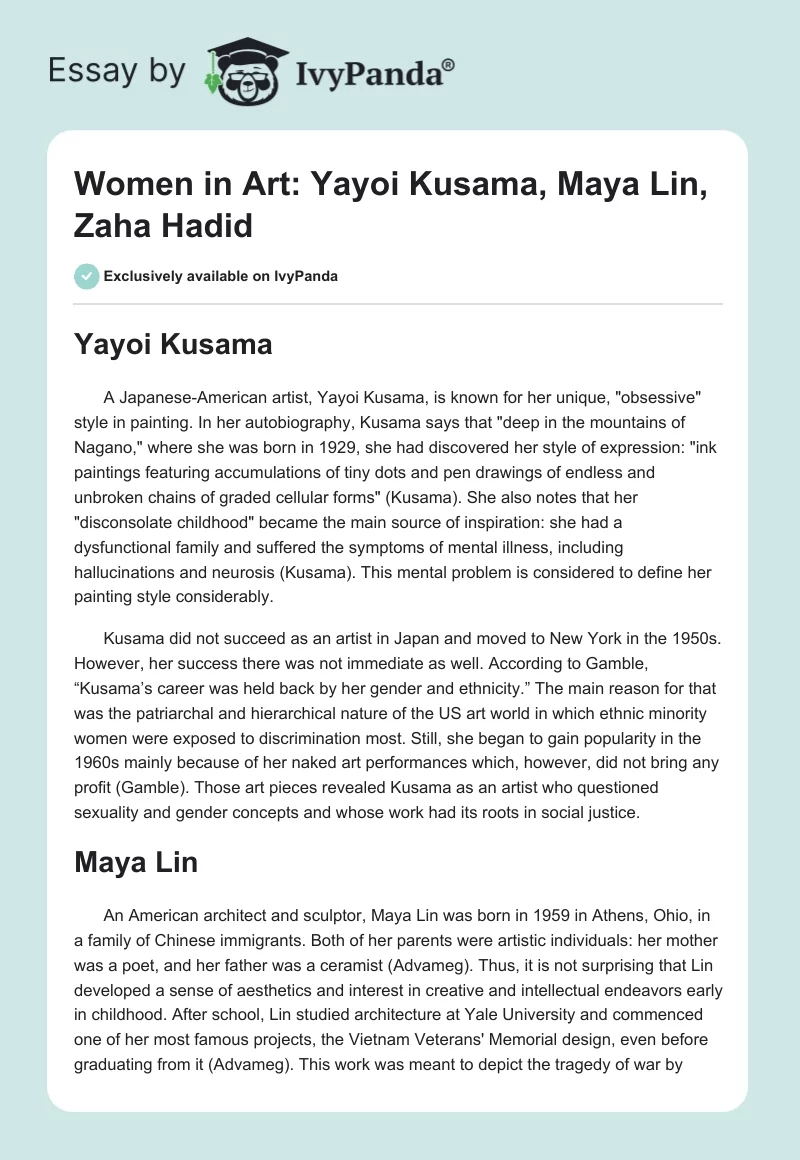Women in Art: Yayoi Kusama, Maya Lin, Zaha Hadid. Page 1
