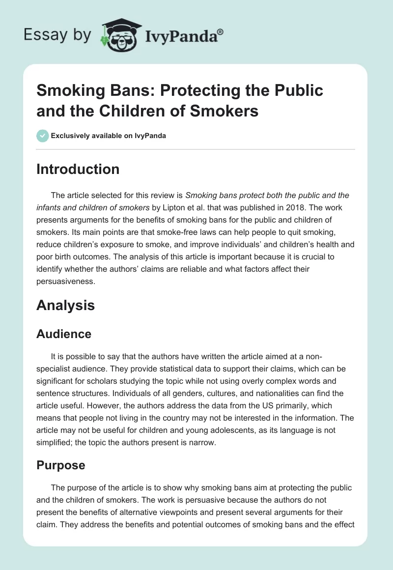 Smoking Bans: Protecting the Public and the Children of Smokers. Page 1