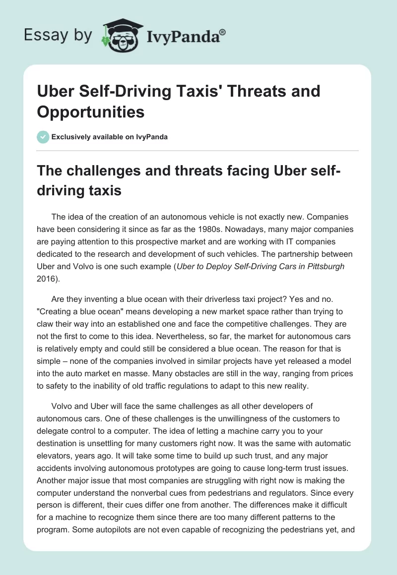 Uber Self-Driving Taxis' Threats and Opportunities. Page 1