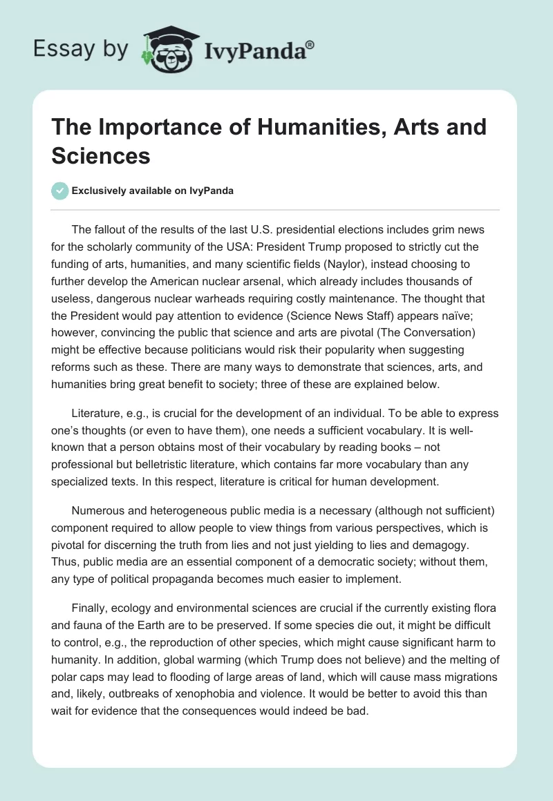 The Importance of Humanities, Arts and Sciences. Page 1